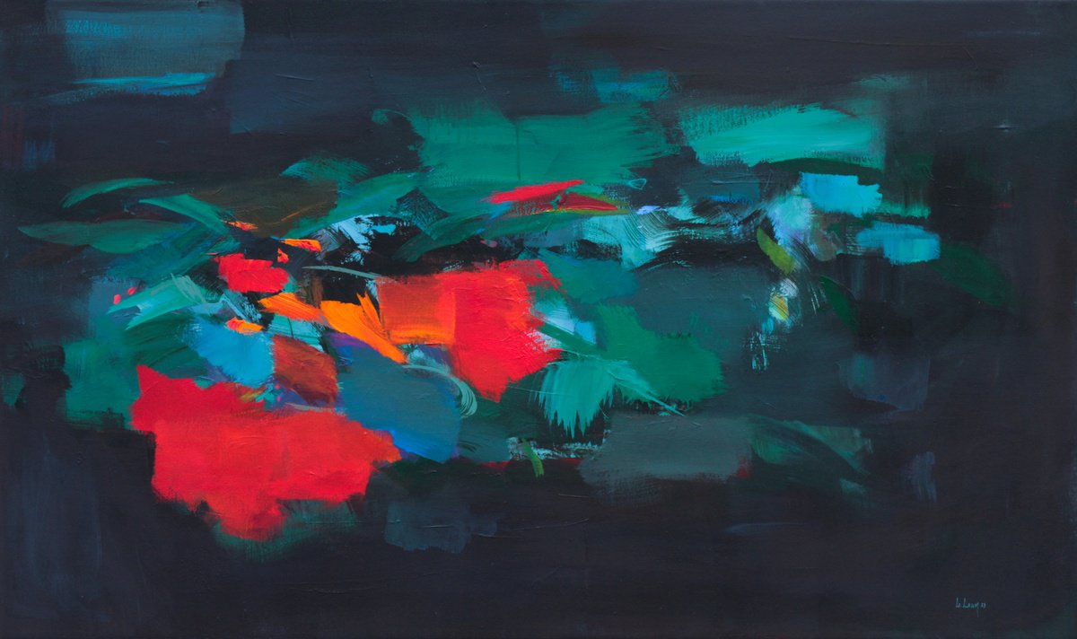 Abstract Acrylic Painting By Ute Laum, 39 X 24", Out Of The Dark Xv, Original Artwork