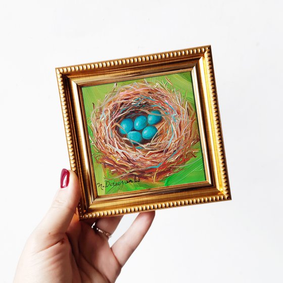 Robins blue eggs art oil original, Bird nest on green background painting 4x4, Bird eggs miniature small painting wall art framed