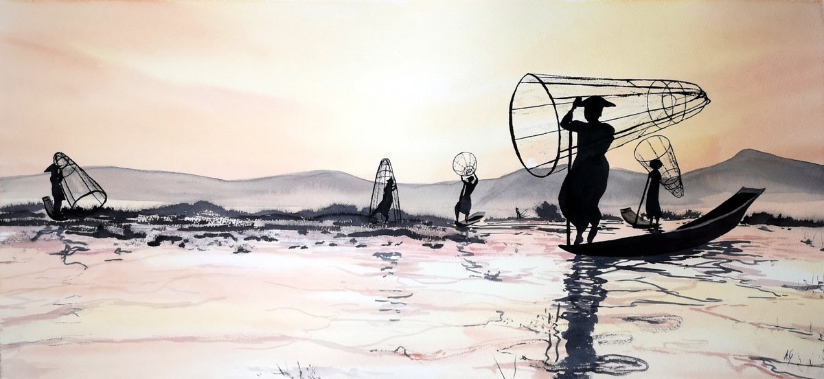 Impressionistic Landscape Watercolour By Aneta Gajos, 30 X 14, Myanmar Lake, Original Artwork