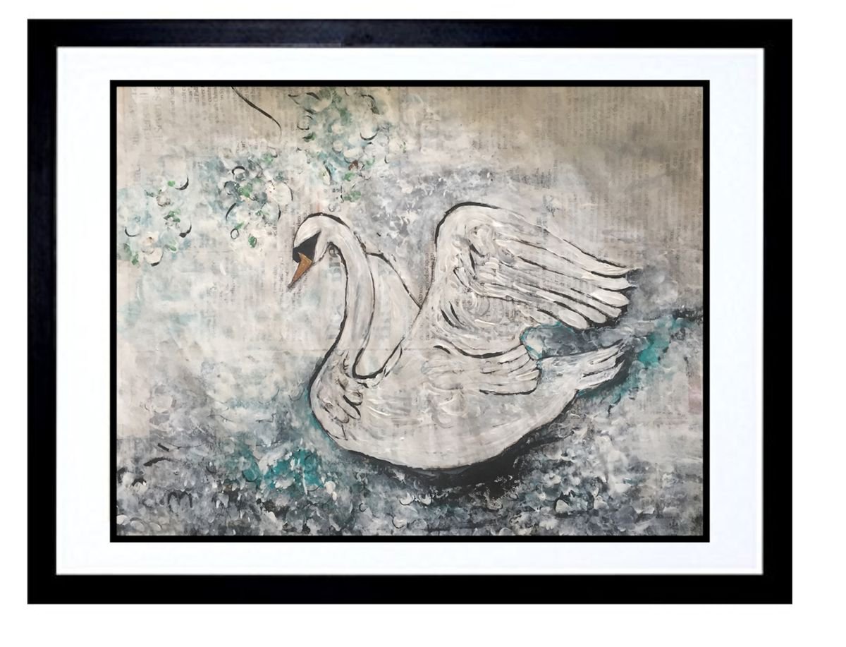 Paper Swan Acrylic on Newspaper Bird Portrait Beautiful Birds Large White Swan 37x29cm Gif... by Kumi Muttu