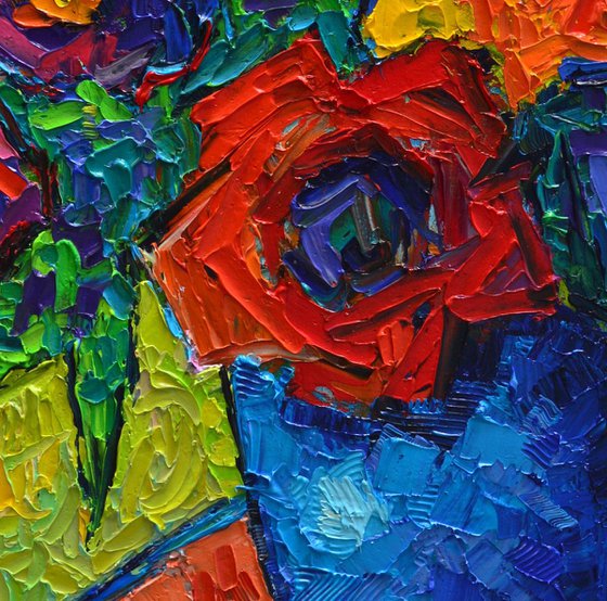 COLOURFUL WILD ROSES 10 - abstract floral art contemporary impressionist flowers impasto palette knife original oil painting