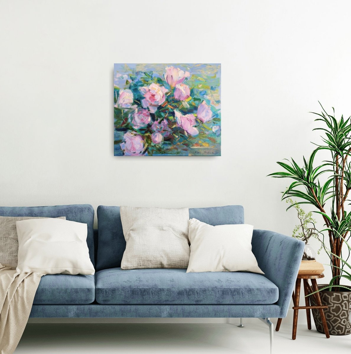 Impressionistic Botanical Oil Painting By Helen Shukina, 28 X 24, Peonies On Blue A La Prima, Original Artwork