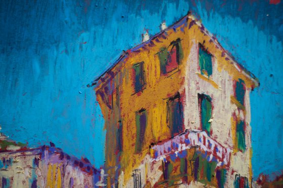 Verona Street. Sunny urban landscape. Italy small oil pastel impressionistic interior painting bright sunny