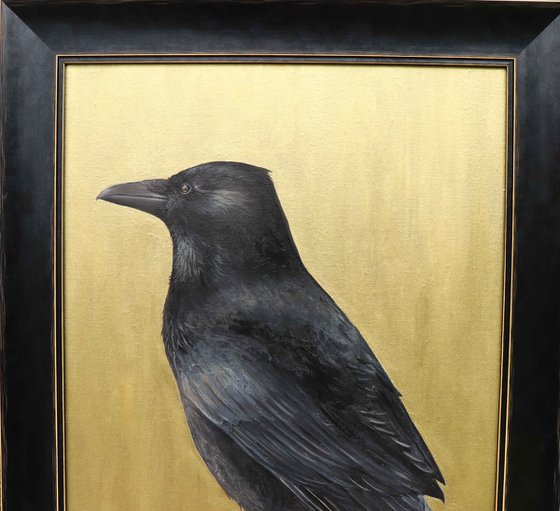 Golden Raven, Portrait of a Black Bird, Oil Painting, Bird Artwork, Animal Art Original, Not Print
