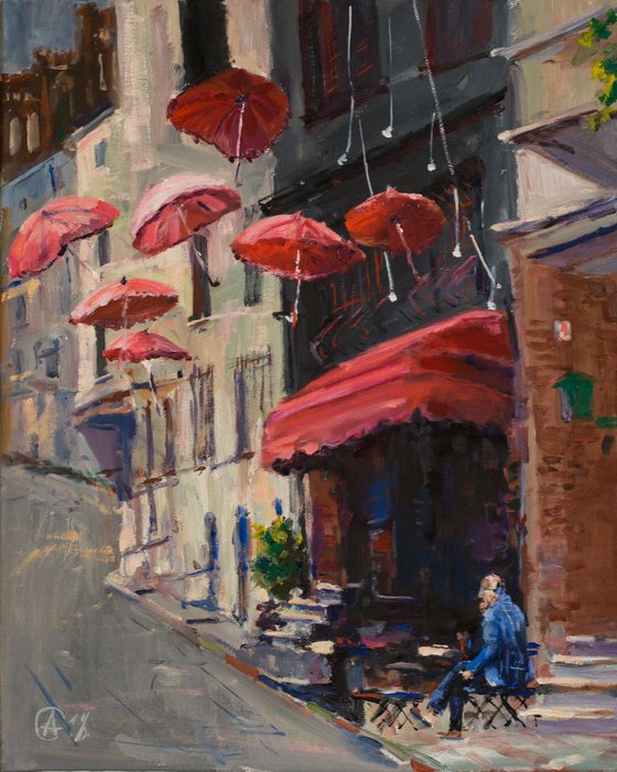 Istanbul street. Balat. Original oil painting. Terrace tea turkey street life style medium size interior decor detail umbrella