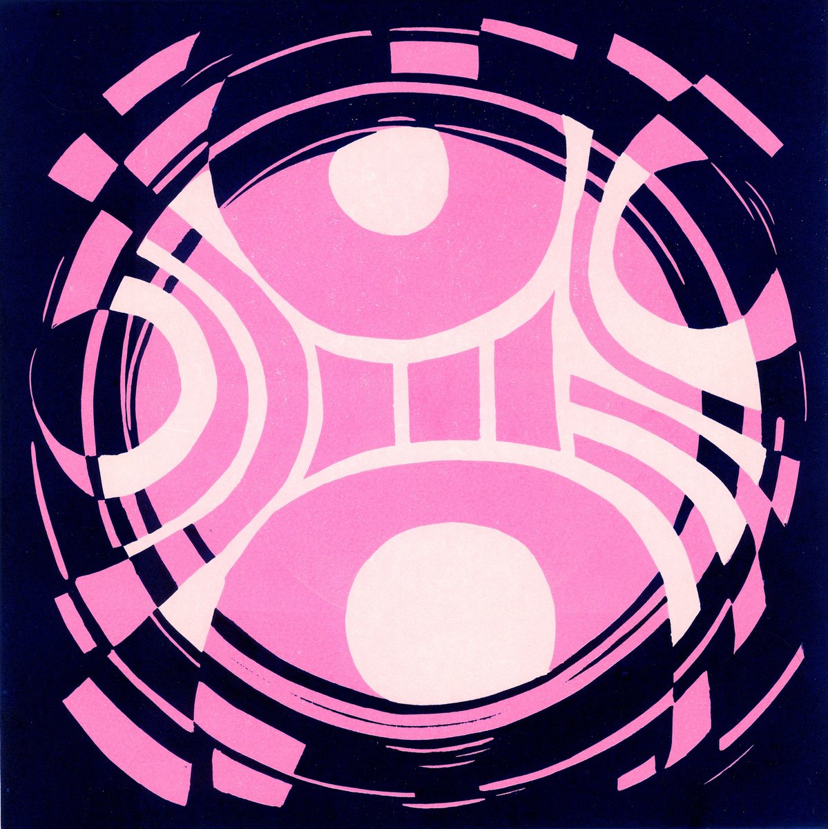 Abstract Linocut By Jacqui Jones, 15 X 16, Pink Moon, Original Artwork