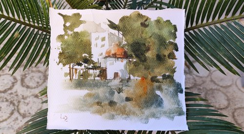 Thonon les bains countryside, original watercolour painting small, small cityscape wall art, original for her, gift ideas, Valentines day by Dawna Mae Mangeart
