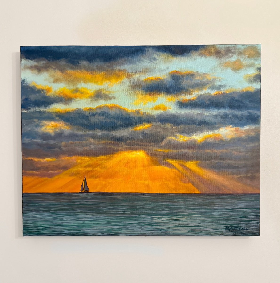Photorealistic Landscape Oil Painting By Steph Moraca, 20 X 16", Sailor Sunset, Original Artwork