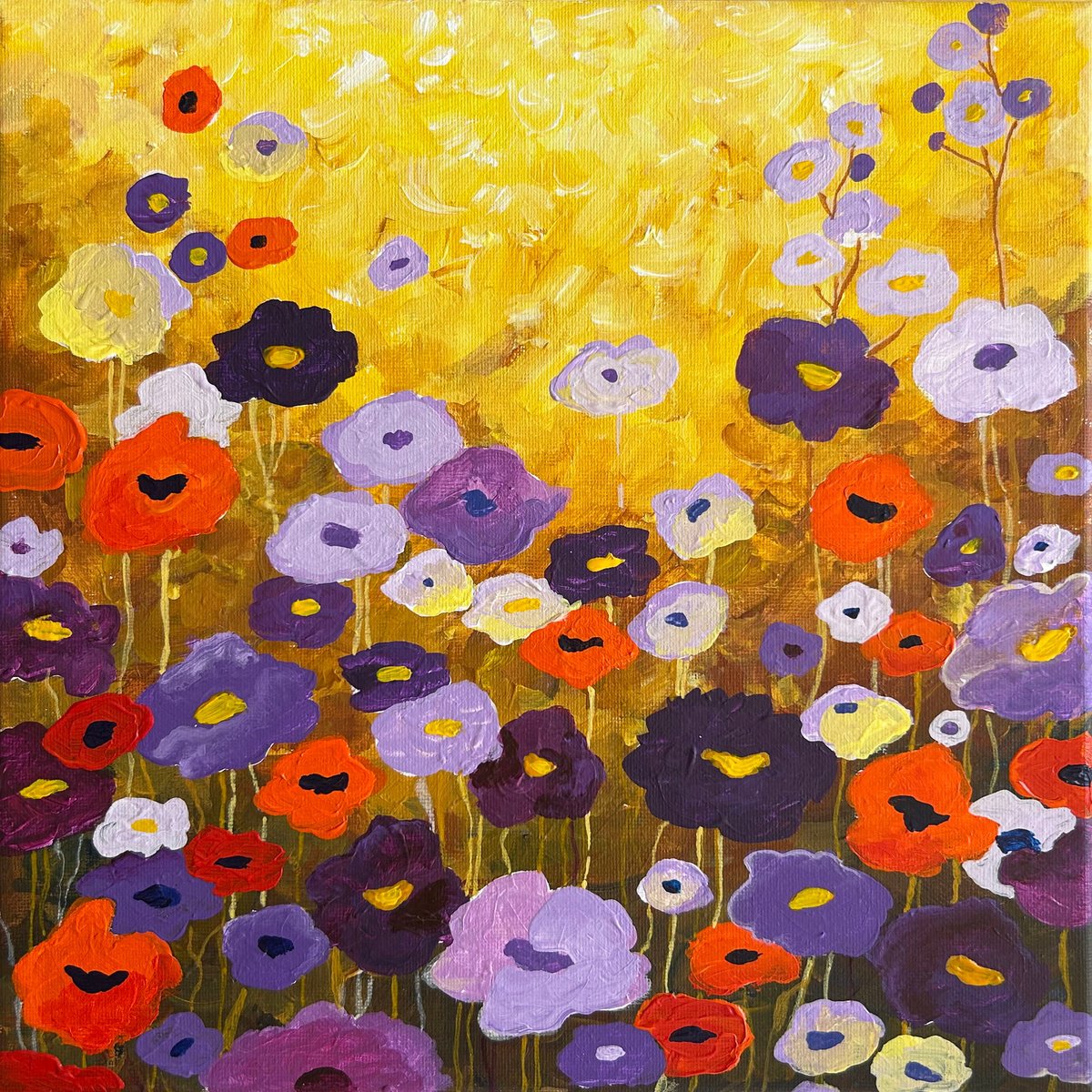 Expressive Botanical Acrylic Painting By Alexandra Dobreikin, 12 X 12, Flower Meadow, Original Artwork