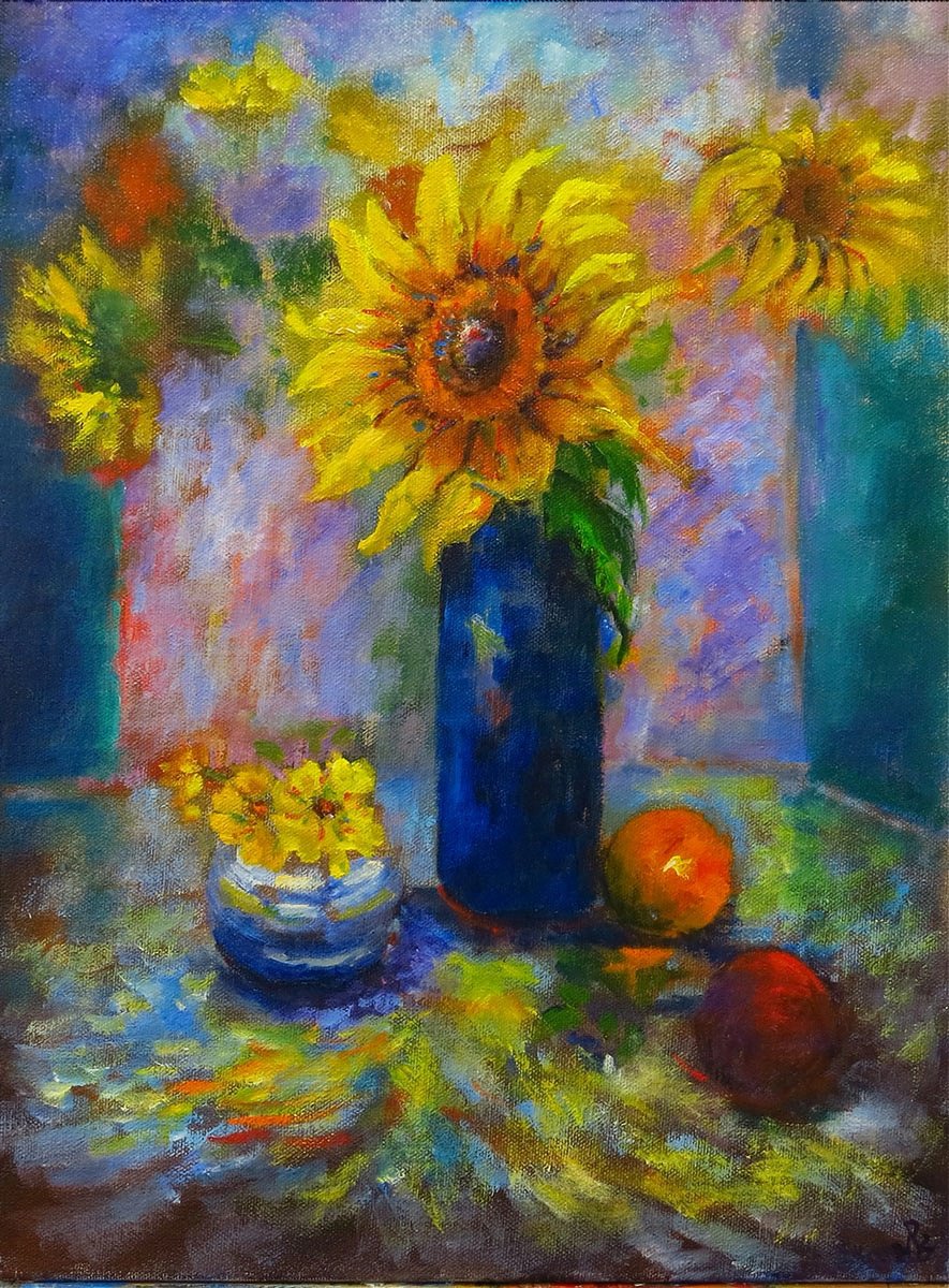 Impressionistic Still Life Oil Painting By Maureen Greenwood, 12 X 16", Sunflowers And Fruit, Original Artwork
