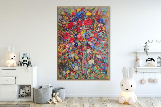 FLOWERING BUSH - floral art, abstract vivid original oil panting large size, interior art, home office decor