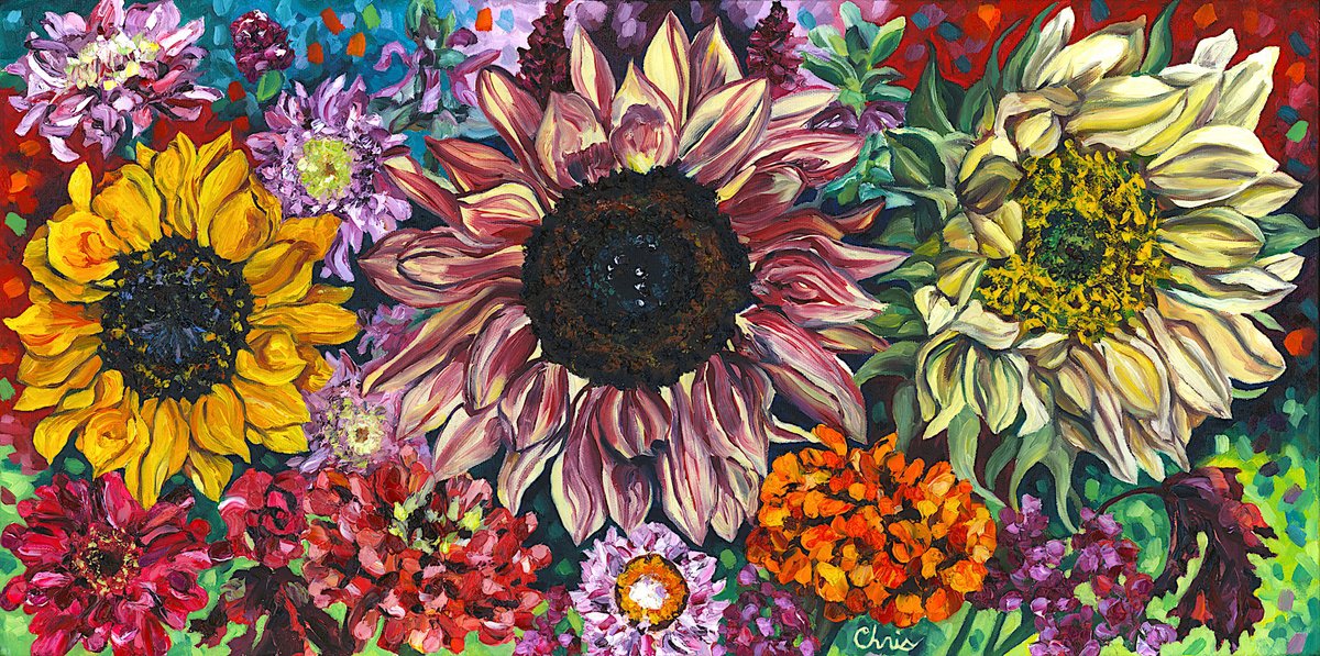 Expressive Botanical Oil Painting By Christina M Plichta, 24 X 12, Three Sunflowers Iv, Original Artwork