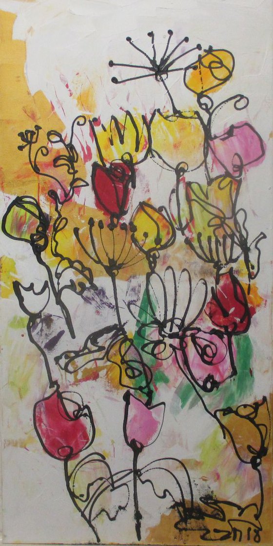 3 part spring abstract flowers and people acrylpainting 39,7 x 59,0 inch