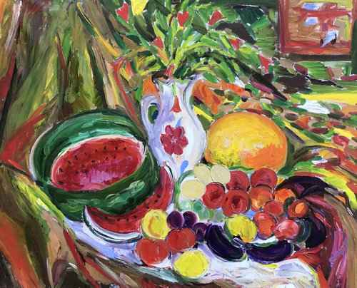 STILL LIFE WITH A JUG AND FRUIT - Still- life with fruits, kitchen restaurant dining room, Christmas gift by Karakhan