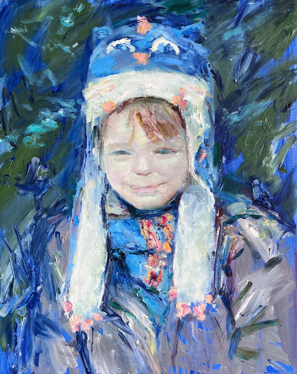 Expressive Portrait Oil Painting By Zakhar Shevchuk, 16 X 19", A Boy In Kitty Hat, Original Artwork