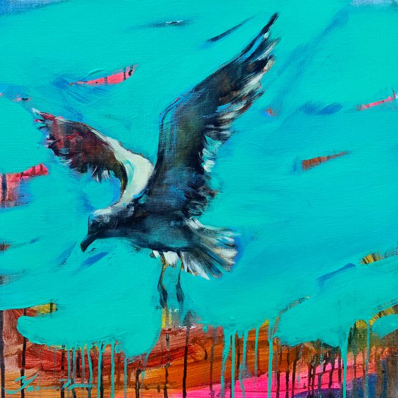 Bright diptych - "Sea sounds" - Pop Art - Bird - Sea - Ocean - Seagull - Sunset
