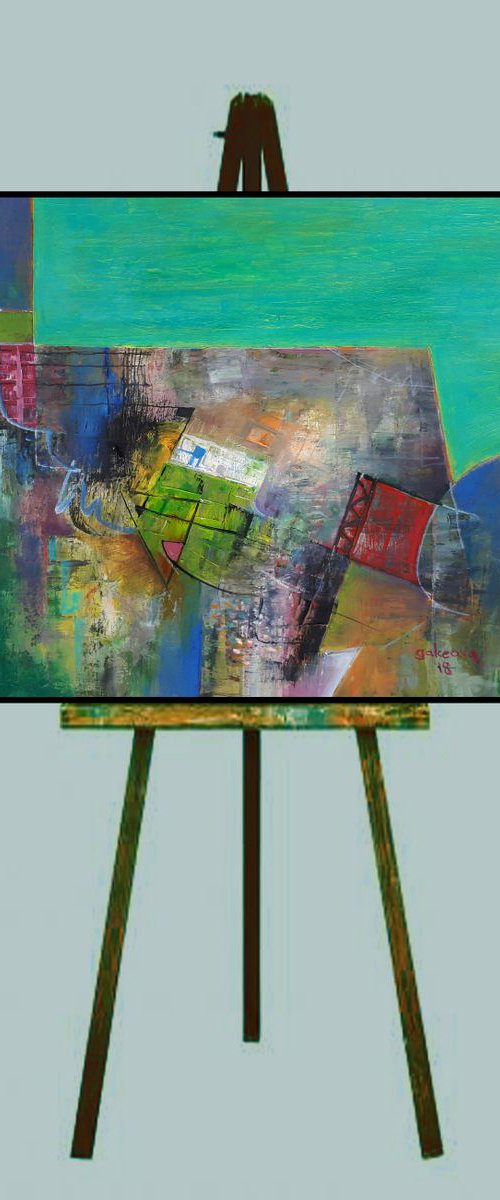 Abstract Painting, Landscape Sequence, Green Mint Oil Canvas Art by Constantin Galceava