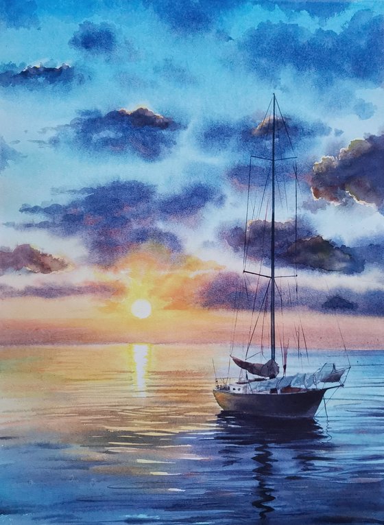 Sailboat - Yacht Art  - seascape - sea and sky - yacht -  sunset