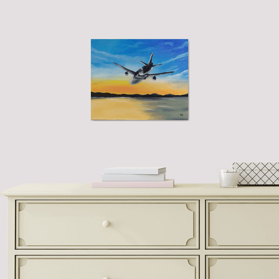 First flight, sky plane oil painting, Gift, impressionistic work