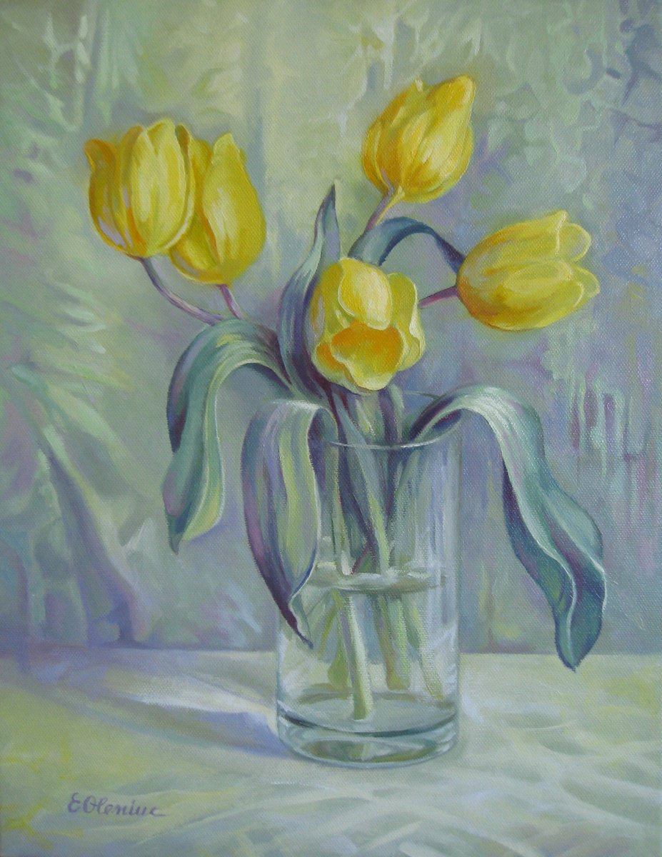 Impressionistic Still Life Oil Painting By Elena Oleniuc, 14 X 18, Tulips, Original Artwork