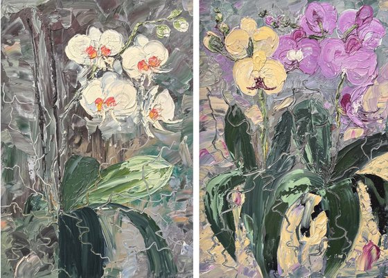 Wild orchids Set of 2 Oil Diptych