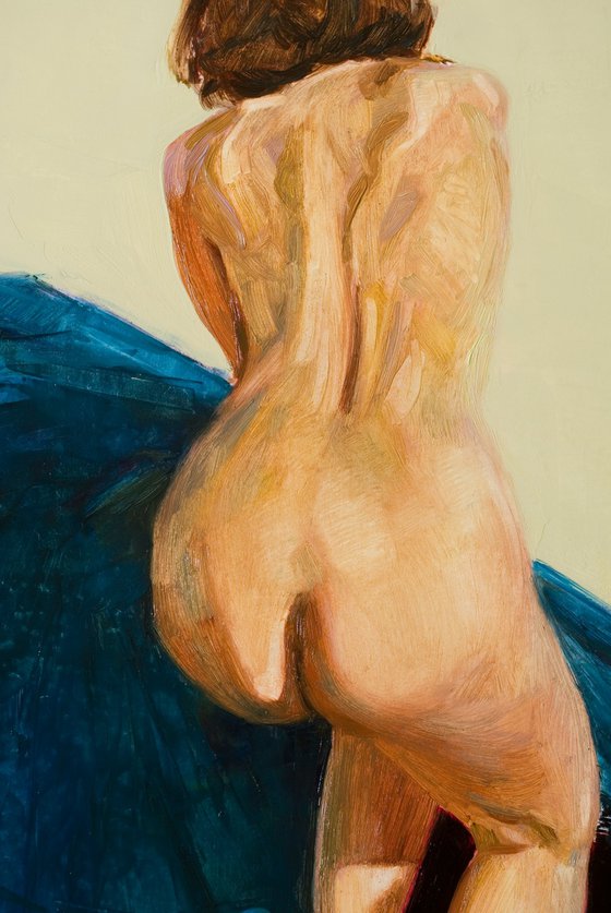 nude woman with blue on white