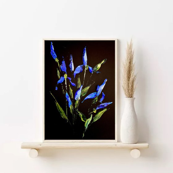 IRISES AND HERBS - Black miniature. Flowers on black.