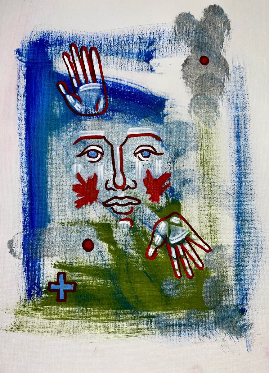 Naive Abstract Acrylic Painting By Yuliia Chaika, 12 X 16", Abstract Blue Face, Original Artwork