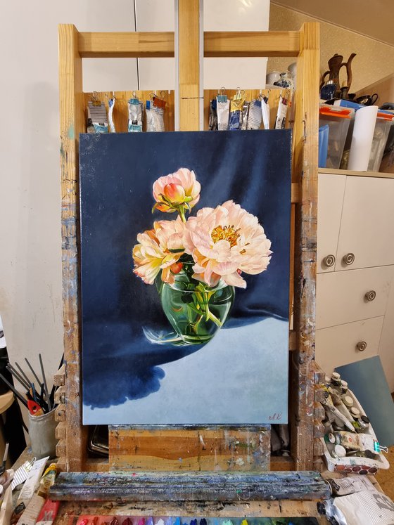 "Coral flashes. " peonies  flower  liGHt original painting  GIFT (2021)