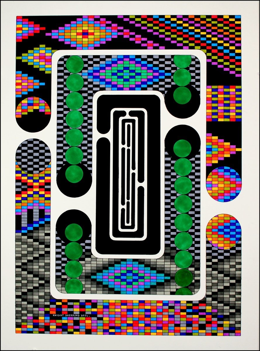 Geometric Abstract Ink Drawing By Knight Sherring, 22 X 30", A-Maze-Thing., Original Artwork