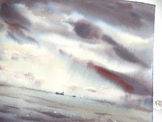 Watercolor seascape, Sky and ocean, Atmospheric painting