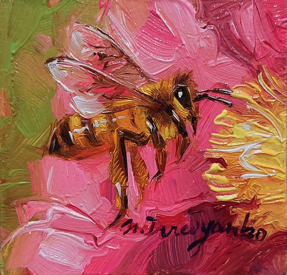 Bee artwork oil painting original 2x2, Bee on hot pink flower wall art tiny