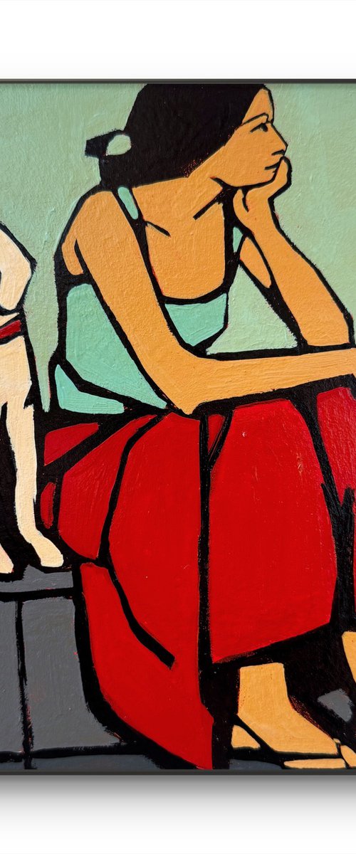 Dog and Woman in Red Skirt Small Painting by Daria Baklykova