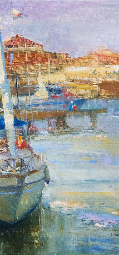 Yachts . Italian city of Fiumicino . Roman Holiday Series. Original plein air oil painting . by Helen Shukina