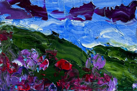 Carpathians Painting Flowering Mountains Original Art Small Abstract Oil Impasto Artwork Landscape Home Wall Art 6 by 4" by Halyna Kirichenko