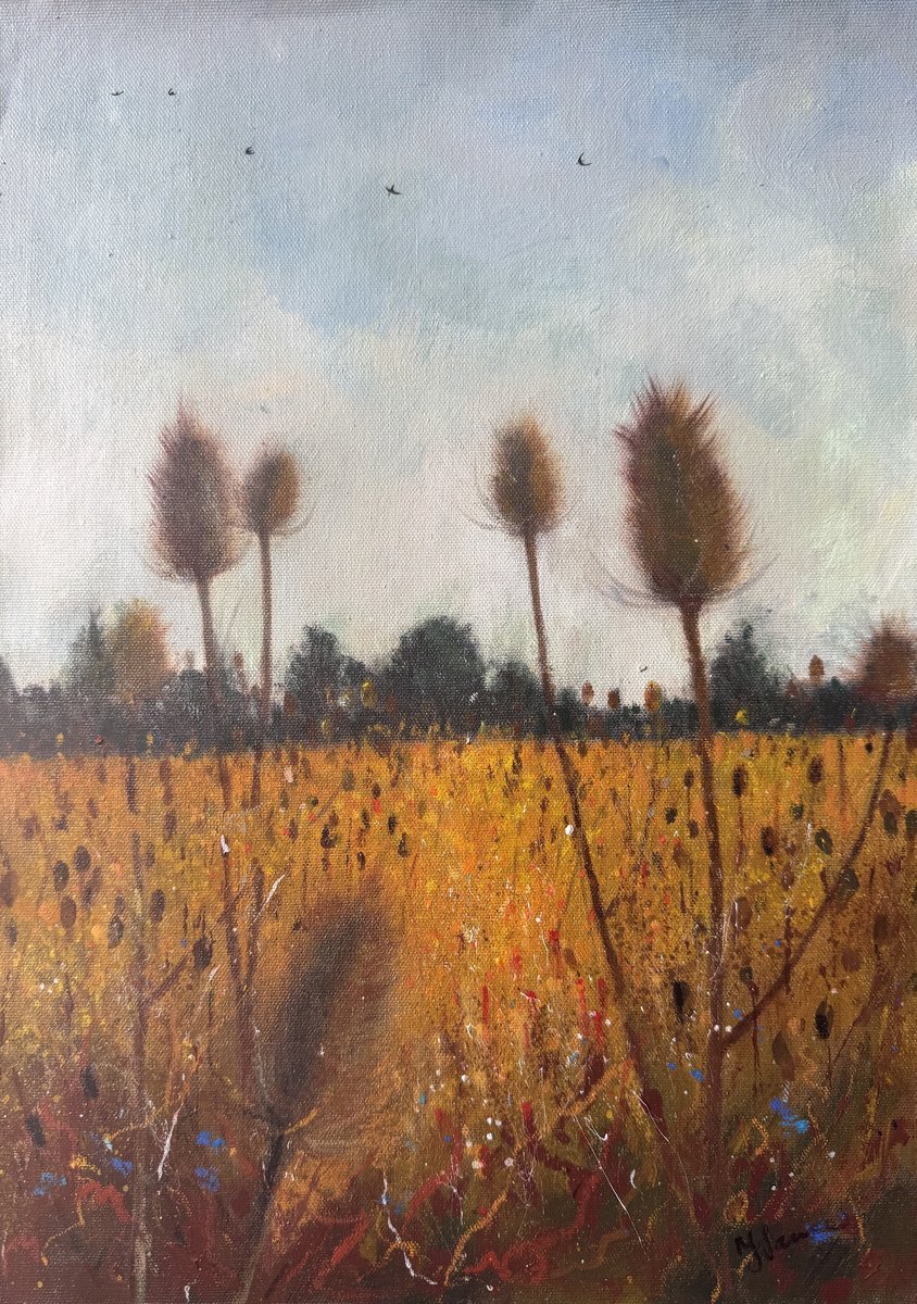 Impressionistic Landscape Painting By Teresa Tanner, 12 X 16", Teasel Field Swallows Leaving, Original Artwork