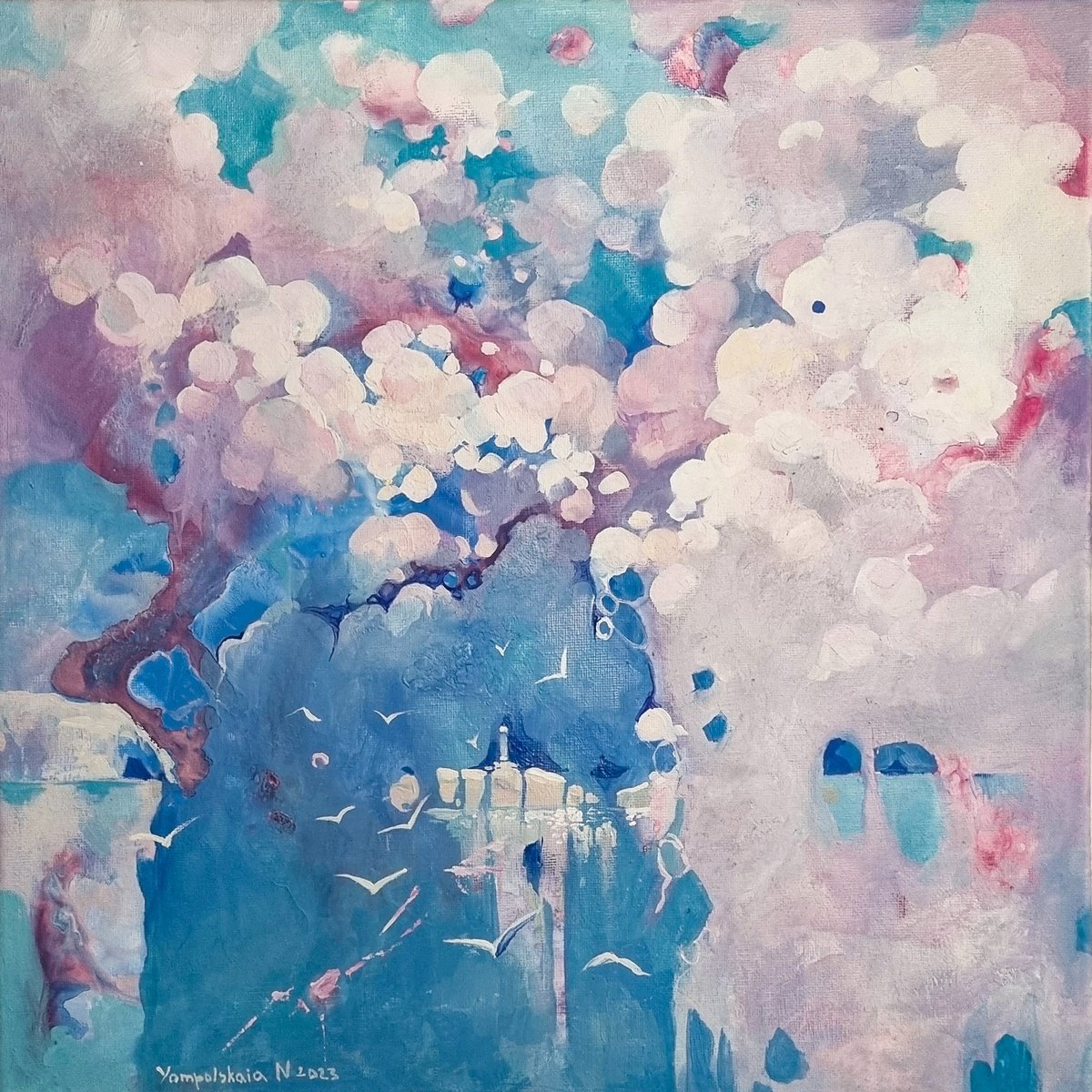 Abstract Landscape Oil Painting By Natalia Yampolskaia, 16 X 16", Sea. Pink Clouds, Original Artwork