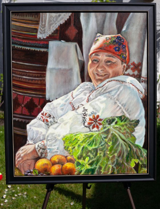 Cheerful Market Seller - original painting woman portrait folk