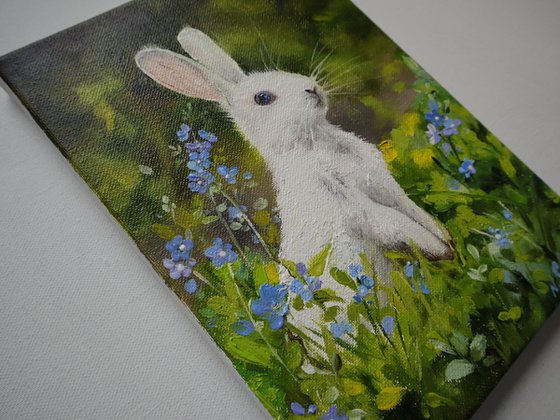White Rabbit with Blue Flowers