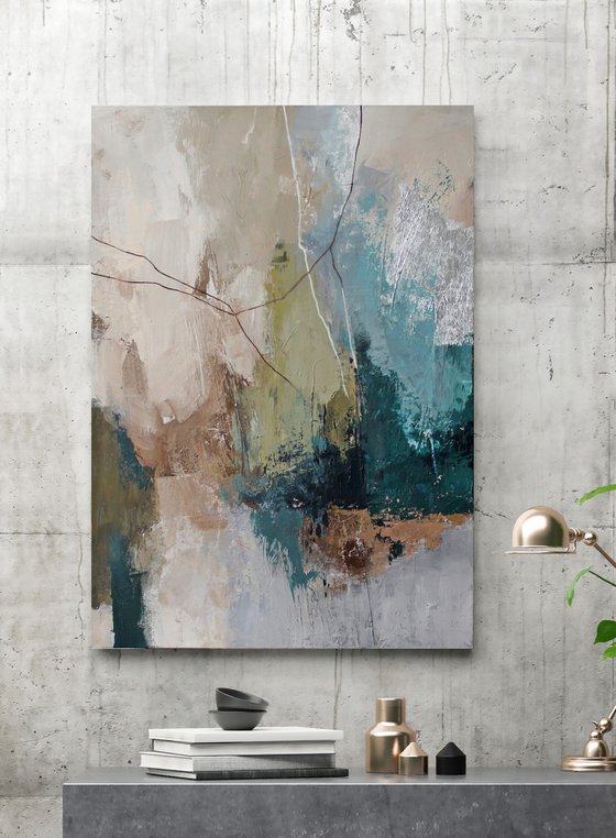 "Fall 3" Abstract acrylic teal green art