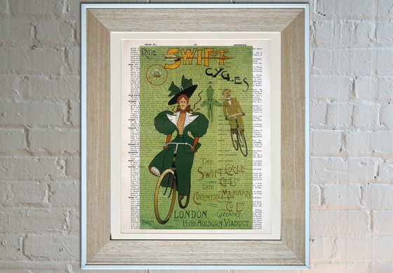 Ride Swift Cycles - Collage Art Print on Large Real English Dictionary Vintage Book Page