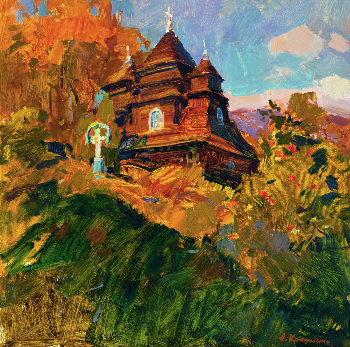 Impressionistic Landscape Oil Painting By Aleksandr Kryushyn, 19 X 19, Church In Uzhok Village, Original Artwork