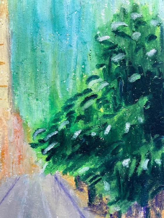 Landscape Original Oil Pastel Painting, Green European City Street Drawing, Spain Mallorca Art