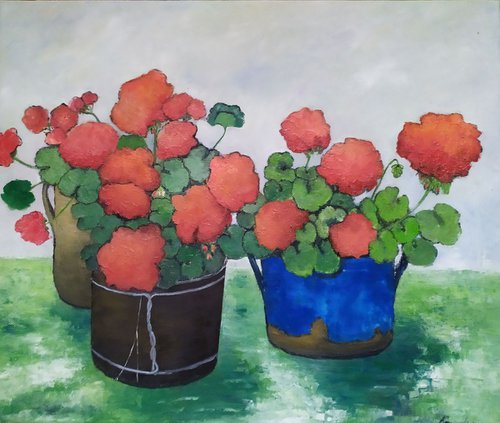 Vases with geraniums by Maria Karalyos