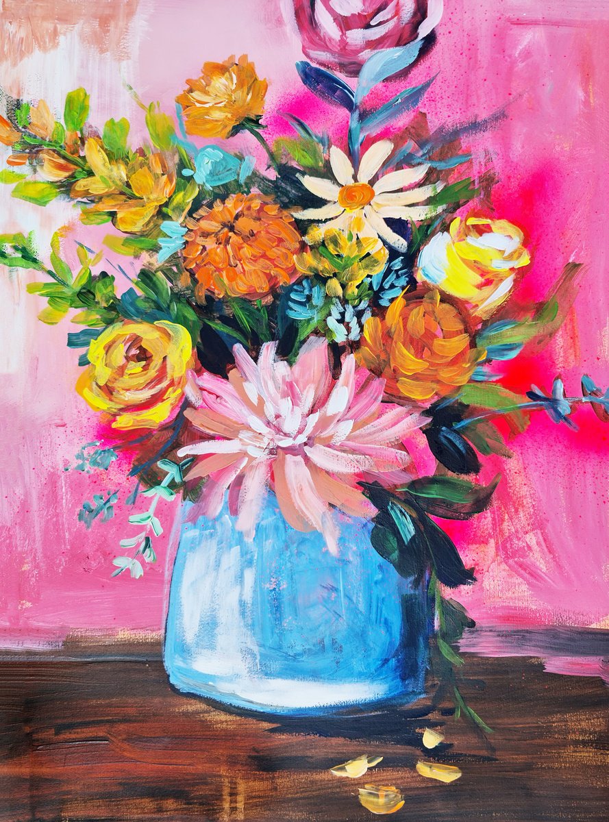 Impressionistic Botanical Acrylic Painting By Evgenia Smirnova, 15 X 22, Blooming Joy, Original Artwork