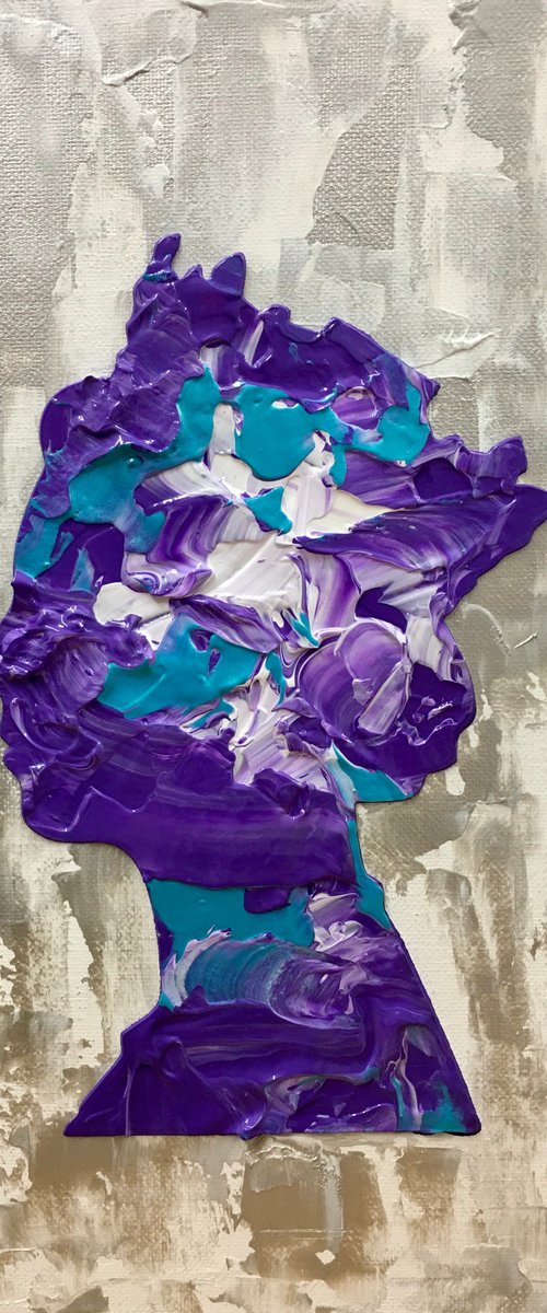 Queen Elizabeth abstract portrait #106 on silver background, purple,  turquoise metallic, Marble pattern inspired by Queen Elizabeth II by Olga Koval