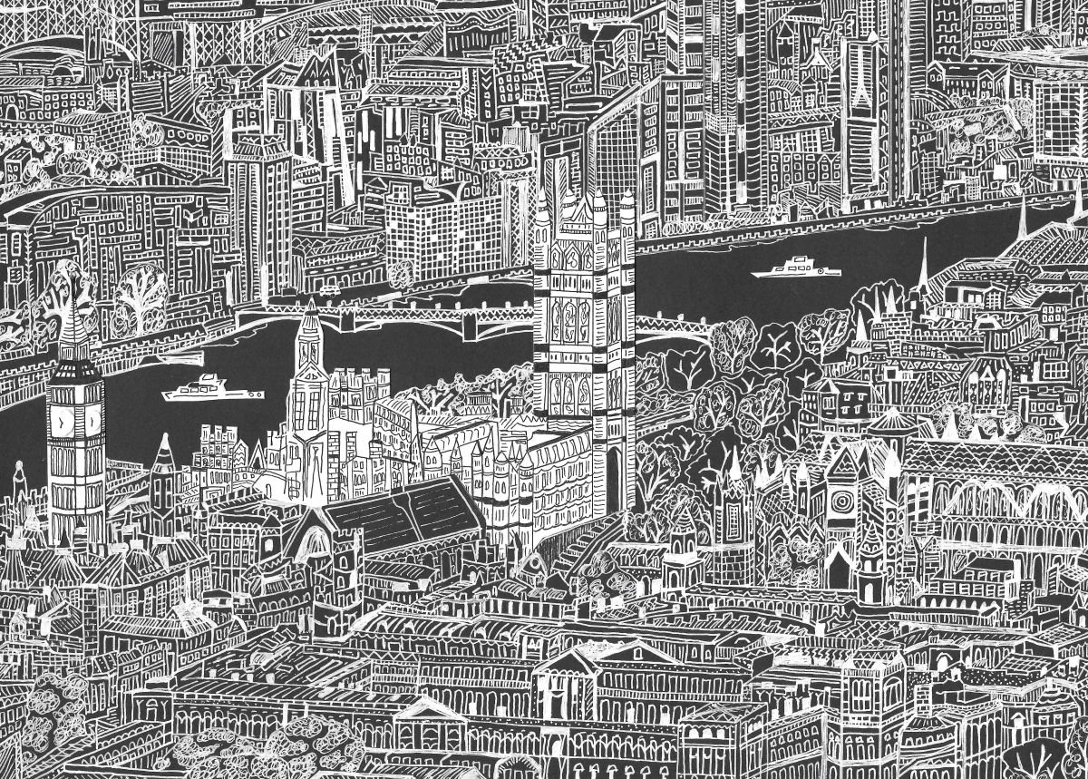 London skyline and the River Thames black and white drawing with collage detail by Emma Bennett