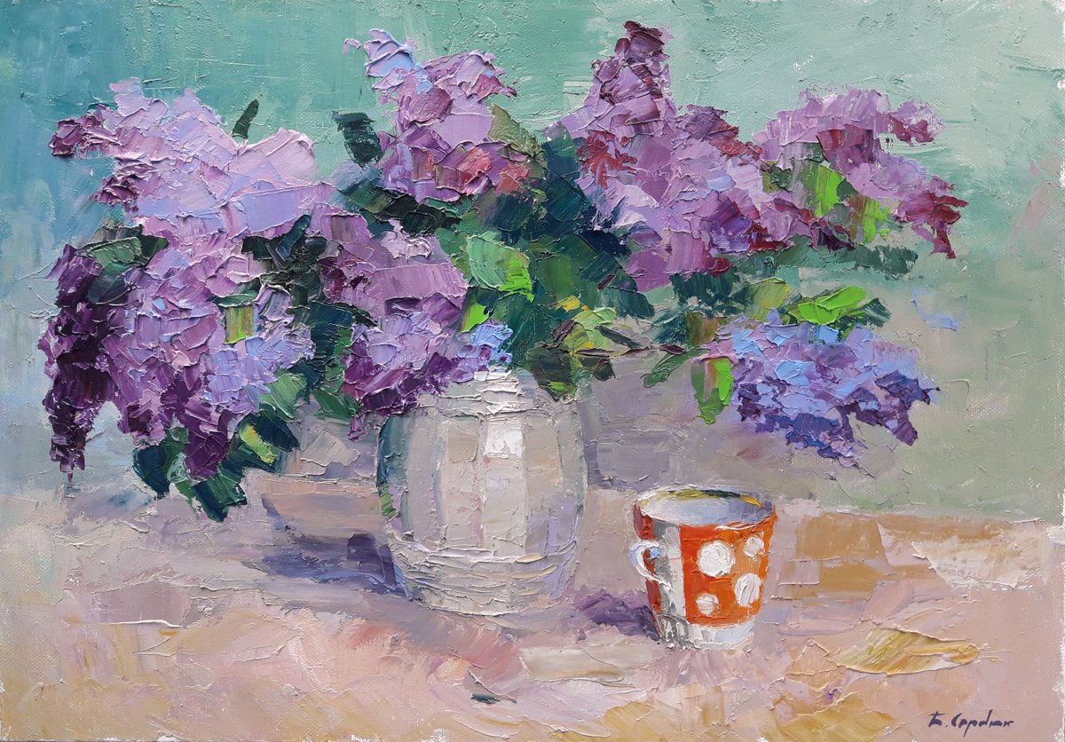 Oil painting still-life with a lilac and a cup nSerb294 by Boris Serdyuk