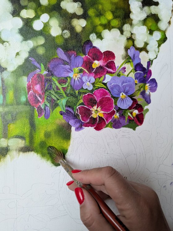 Pansies in Glass Jug