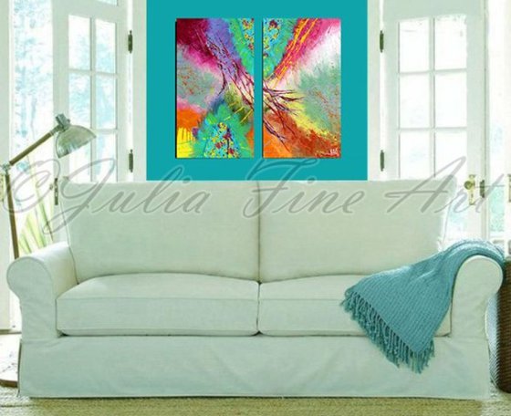 Abstract Painting, Original Diptych, Contemporary, Two Part, Modern Wall Decor, Colorful Canvas, Surreal, Peacock, Floral, Zen, Ready to hang, Multicolor Art ''Wings of Happiness''